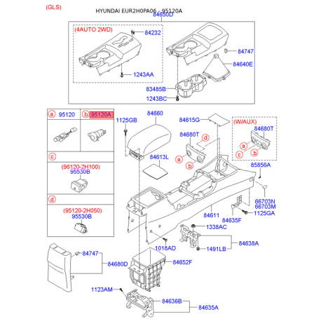 Прикурювач 95120-2D8004W Mobis - 951202D8004W - схема з каталогу 95120A, EUR2H0PA06 951202D8004W