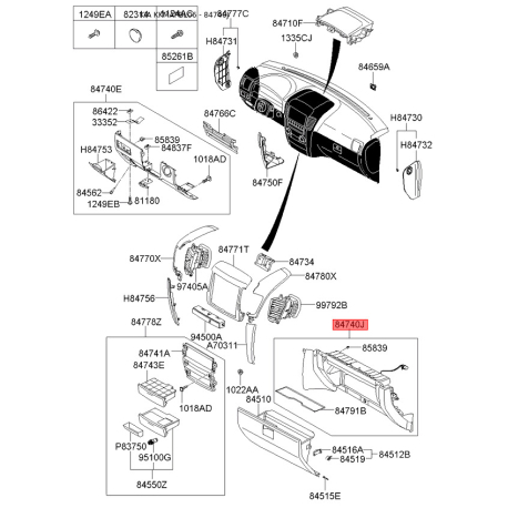 Накладка панели прибров (торпеды) правая 84540-3E600CY Mobis - 845403E600CY - схема с каталога 84740J, KKMAPBL06 845403E600CY