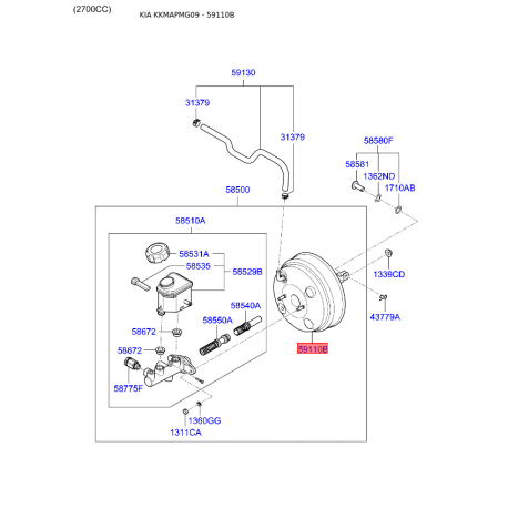 Підсилювач гальмівної системи 59110-2G200 Mobis - 591102G200 - схема з каталогу 59110B, KKMAPMG09 591102G200