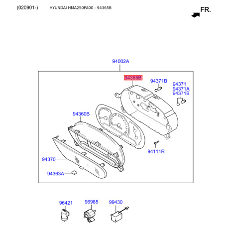 Панель приладів, у сборі та комплектуючи 94365-25000 Mobis - 9436525000 - схема з каталогу 94365B, HMA250PA00 9436525000