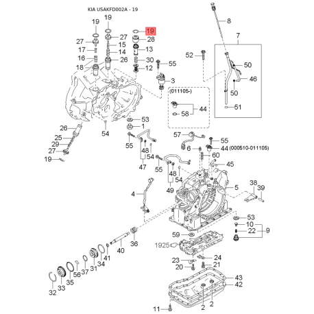 Уплотнитель (уплотнение) двери левый 0K30A-73760D Mobis - 0K30A73760D - схема с каталога 19, USAKFD002A 0K30A73760D