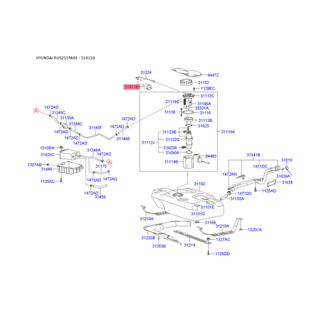 Фильтр топливный 31911-25000 Mobis - 3191125000 - схема с каталога 31911B, RUS251PA00 3191125000