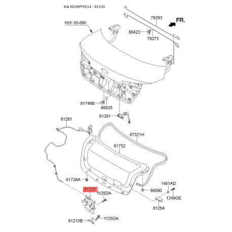 Замок крышки багажника 81230-2T001 Mobis - 812302T001 - схема с каталога 81230, KEURPTFE14 812302T001
