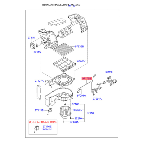 Електродвигун, вентиляція салону 97176-2E200 Mobis - 971762E200 - схема з каталогу 97176B, HMA2E0PA04 971762E200