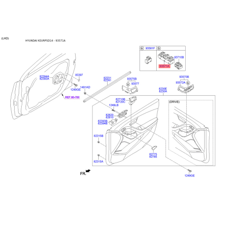 Блок кнопок стеклоподъёмника 93571-3X301RY Mobis - 935713X301RY - схема с каталога 93571A, KEURPSD14 935713X301RY