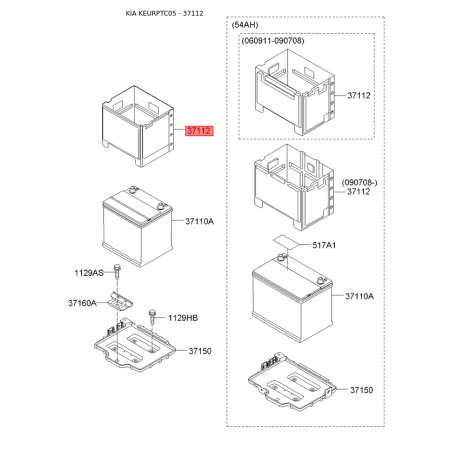 Крепление аккумулятора 37112-26100 Mobis - 3711226100 - схема с каталога 37112, KEURPTC05 3711226100