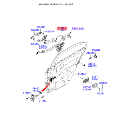 Замок двери левый 81410-3K000 Mobis - 814103K000 - схема с каталога 81410E, KEURPNF04 814103K000