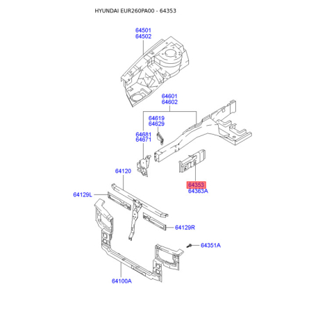 Лонжерон 64353-26000 Mobis - 6435326000 - схема з каталогу 64353, EUR260PA00 6435326000