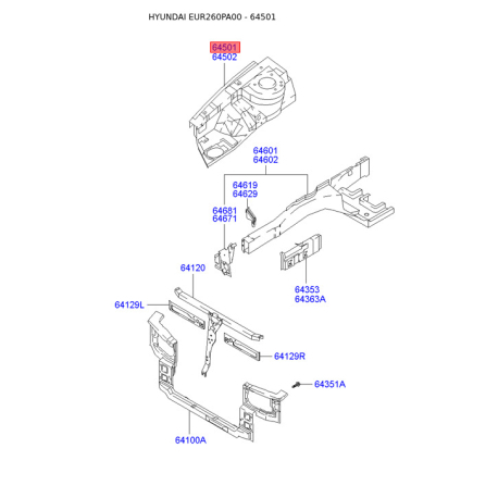 Брызговик передний без лонжерона левый 64501-26202 Mobis - 6450126202 - схема с каталога 64501, EUR260PA00 6450126202