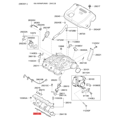 Прокладка впускного коллектора 28411-25002 Mobis - 2841125002 - схема с каталога 28411B, KKMAPUN06 2841125002