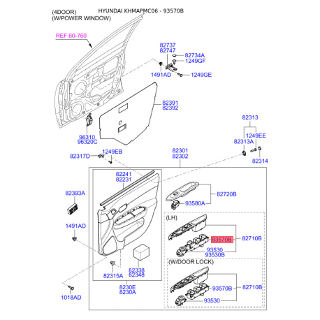 Блок кнопок стеклоподъёмника 93570-1E212 Mobis - 935701E212 - схема с каталога 93570B, KHMAPMC06 935701E212
