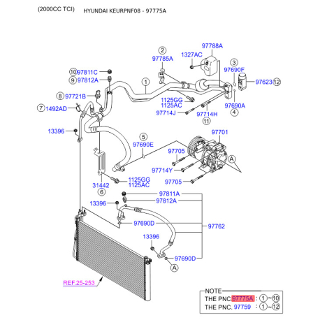Трубопровід високого/низкого тиску, кондиціонер 97775-3K220 Mobis - 977753K220 - схема з каталогу 97775A, KEURPNF08 977753K220