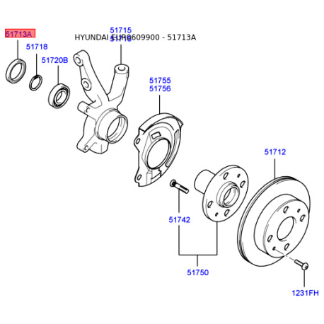 Манжета (сальник, пыльник) подшипника ступицы 51713-21100 Mobis - 5171321100 - схема с каталога 51713A, EUR0609900 5171321100