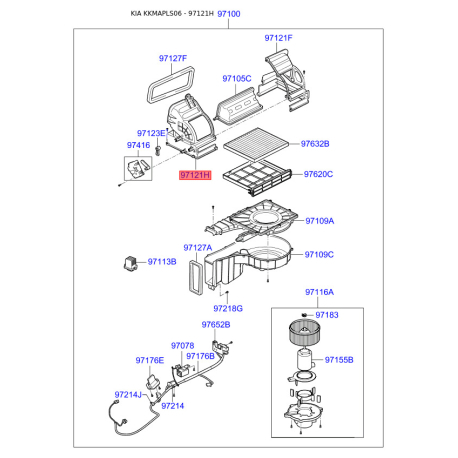 Кришка (корпус або кронштейн) обігрівача ліва 97121-2F200 Mobis - 971212F200 - схема з каталогу 97121H, KKMAPLS06 971212F200