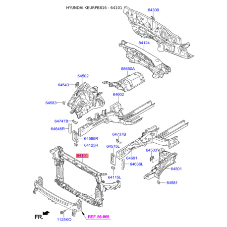Облицовка передка (передняя панель, морда) 64101-2W700 Mobis - 641012W700 - схема с каталога 64101, KEURPB816 641012W700