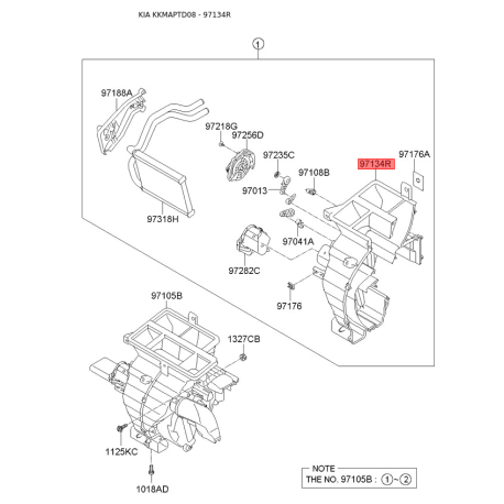 Крышка (корпус или кронштейн) отопителя правая 97135-1M000 Mobis - 971351M000 - схема с каталога 97134R, KKMAPTD08 971351M000
