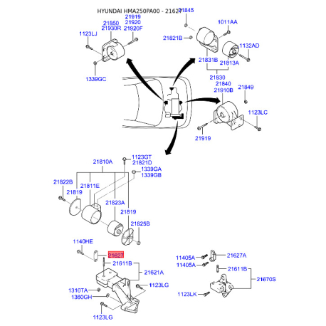 Кронштейн, підвіска двигуна 21817-25000 Mobis - 2181725000 - схема з каталогу 21627, HMA250PA00 2181725000