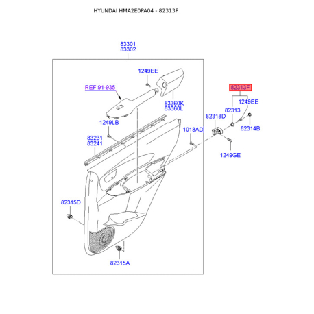 Пістон (кліпса) оббивки дверей 82313-3B050GF Mobis - 823133B050GF - схема з каталогу 82313F, HMA2E0PA04 823133B050GF