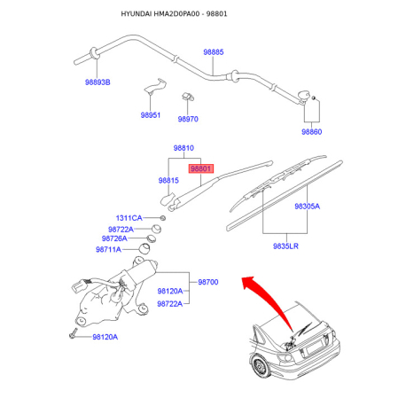 Рычаг стеклоочистителя 98821-2D000 Mobis - 988212D000 - схема с каталога 98801, HMA2D0PA00 988212D000