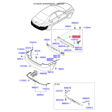 Кронштейн, буфер нижній 86635-3K010 Mobis - 866353K010 - схема з каталогу 86633D, AHMAPNFA04 866353K010