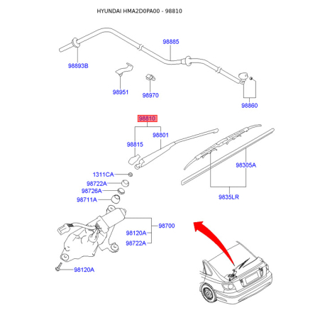 Важіль склоочисника 98825-2D000 Mobis - 988252D000 - схема з каталогу 98810, HMA2D0PA00 988252D000