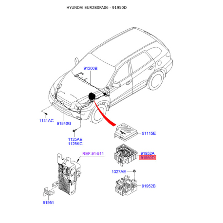 Коробка предохранителей и реле 91950-2B580 Mobis - 919502B580 - схема с каталога 91950D, EUR2B0PA06 919502B580