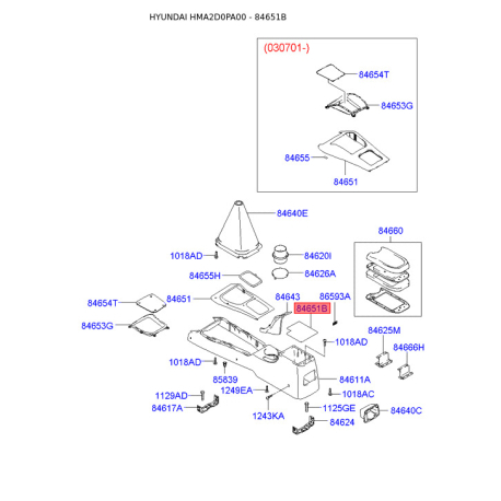 Центральная консоль комлекующие 84625-2D000 Mobis - 846252D000 - схема с каталога 84651B, HMA2D0PA00 846252D000
