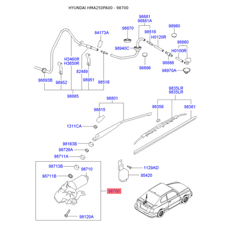 Двигун склоочисника 98700-25000 Mobis - 9870025000 - схема з каталогу 98700, HMA250PA00 9870025000