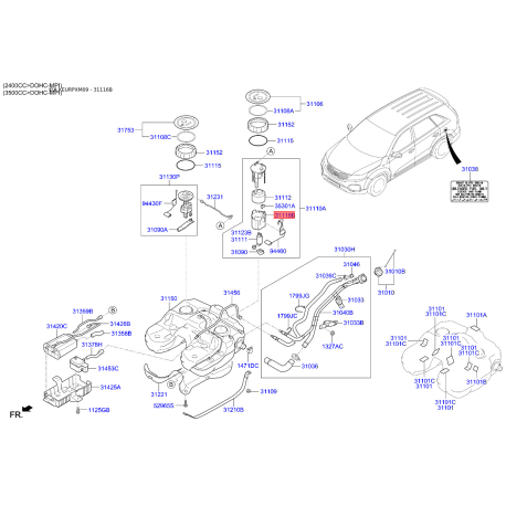 Кронштейн, топливный насос верхний 31116-2P000 Mobis - 311162P000 - схема с каталога 31116B, KEURPXM09 311162P000