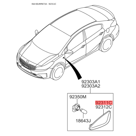 Корпус, ліхтар покажчика повороту лівий 92311-1Y000 Mobis - 923111Y000 - схема з каталогу 92311C, KEURPA716 923111Y000