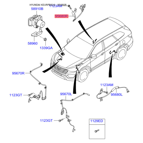 Датчик частоти обертання колеса (ABS) задній правий 95681-B8000 Mobis - 95681B8000 - схема з каталогу 95680R, KEURPB816 95681B8000