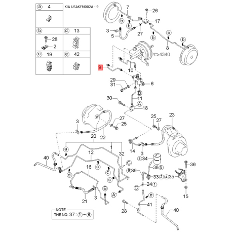 Трубопровід гальмівного приводу передній 0K011-45250D Mobis - 0K01145250D - схема з каталогу 9, USAKFM002A 0K01145250D
