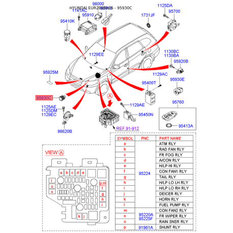 Датчик света (освещенности) 95930-2B000 Mobis - 959302B000 - схема с каталога 95930C, EUR2B0PA06 959302B000