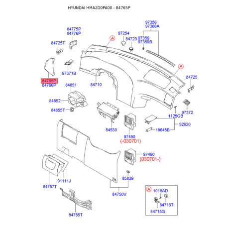 Накладка панели прибров (торпеды) левая 84765-2D000TK Mobis - 847652D000TK - схема с каталога 84765P, HMA2D0PA00 847652D000TK