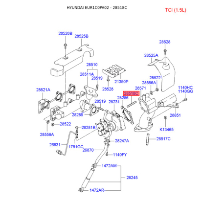 Шпилька выпускного коллектора 28518-22100 Mobis - 2851822100 - схема с каталога 28518C, EUR1C0PA02 2851822100