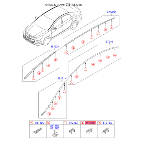 Зажим, молдинг / защитная накладка 87216-3S000 Mobis - 872163S000 - схема с каталога 86725B, KHMAPGFE11 872163S000