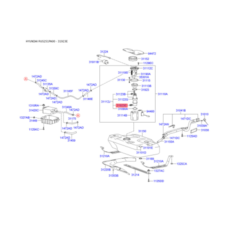 Кільце ущільнювальне паливної системи 31121-25000 Mobis - 3112125000 - схема з каталогу 31923E, RUS251PA00 3112125000