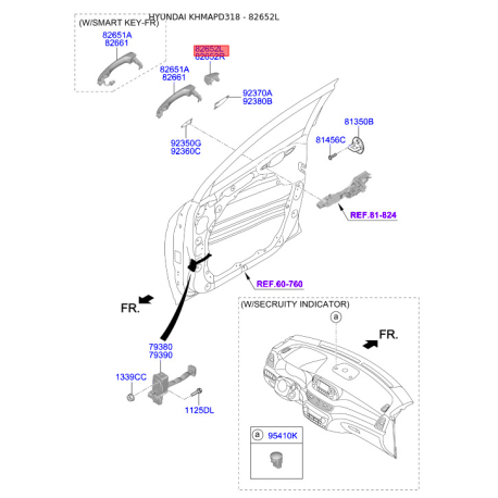 Система управления ручки двери левая 82652-D3010 Mobis - 82652D3010 - схема с каталога 82652L, KHMAPD318 82652D3010