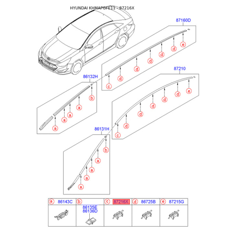Кріплення молдинга даху 87216-3S020 Mobis - 872163S020 - схема з каталогу 87216X, KHMAPGFE11 872163S020
