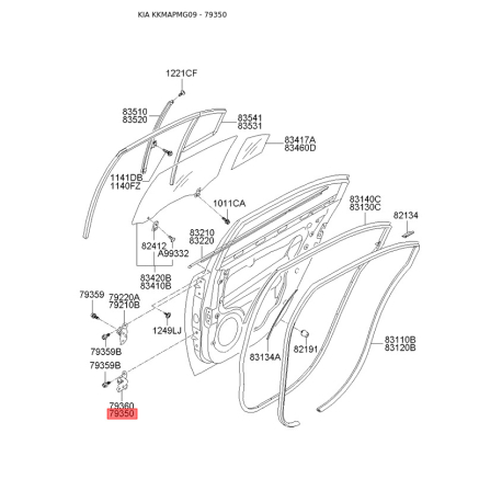 Петля бічних дверей ліва нижня 79350-2G000 Mobis - 793502G000 - схема з каталогу 79350, KKMAPMG09 793502G000