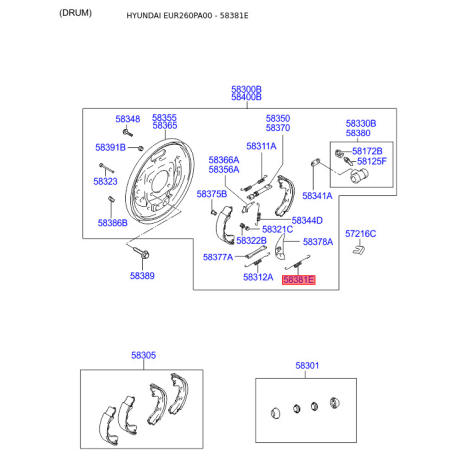 Пружина стяжная нижняя колодок стояночного тормоза 58381-26000 Mobis - 5838126000 - схема с каталога 58381E, EUR260PA00 5838126000