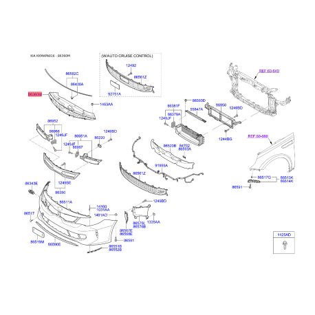 Решетка радиатора верхняя 86360-D4000 Mobis - 86360D4000 - схема с каталога 86360M, KKMAPA816 86360D4000