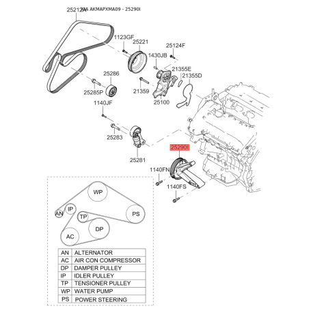 Натяжной ролик поликлинового ремня 25290-3C150 Mobis - 252903C150 - схема с каталога 25290I, AKMAPXMA09 252903C150