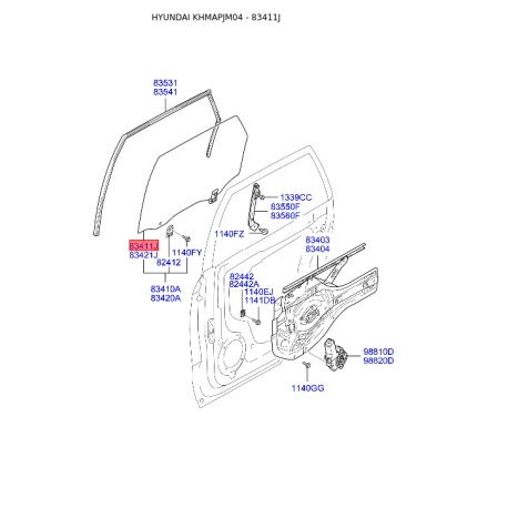 Бокове вікно ліве 83411-2E000 Mobis - 834112E000 - схема з каталогу 83411J, KHMAPJM04 834112E000