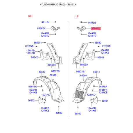 Крепления подкрылка и брызговика левое 86861-2D000 Mobis - 868612D000 - схема с каталога 86861X, HMA2D0PA00 868612D000