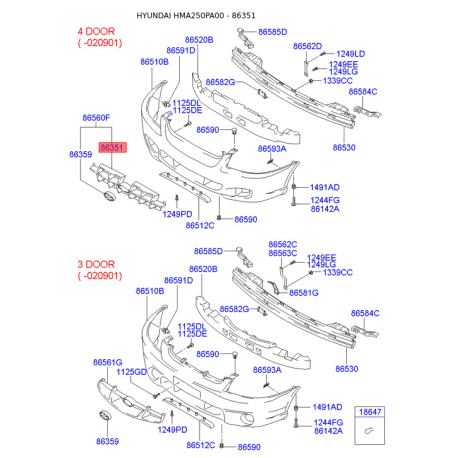 Решетка радиатора 86561-25020 Mobis - 8656125020 - схема с каталога 86351, HMA250PA00 8656125020