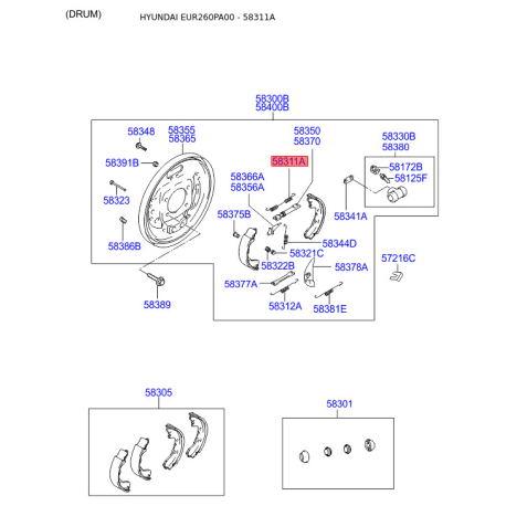 Пружина стяжна нижня колодок стоянкового гальма верхня 58311-3A000 Mobis - 583113A000 - схема з каталогу 58311A, EUR260PA00 583113A000