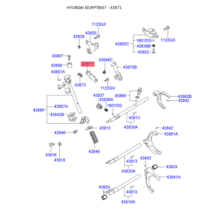 Вал (вісь) важеля перемикання 43871-22690 Mobis - 4387122690 - схема з каталогу 43871, IEURPTBI07 4387122690