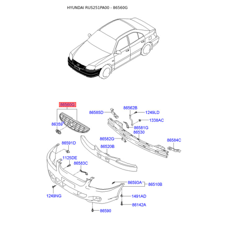 Решетка радиатора верхняя 86560-1A000 Mobis - 865601A000 - схема с каталога 86560G, RUS251PA00 865601A000