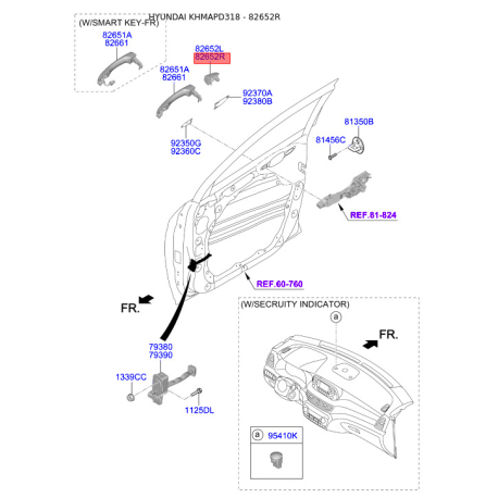 Система управления ручки двери правая 82662-D3110 Mobis - 82662D3110 - схема с каталога 82652R, KHMAPD318 82662D3110